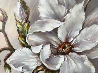 White Magnolia Painting Original Beige Flower Wall Art Single Flower Painting Magnolia Art Extra Large Flower Paintings on Canvas