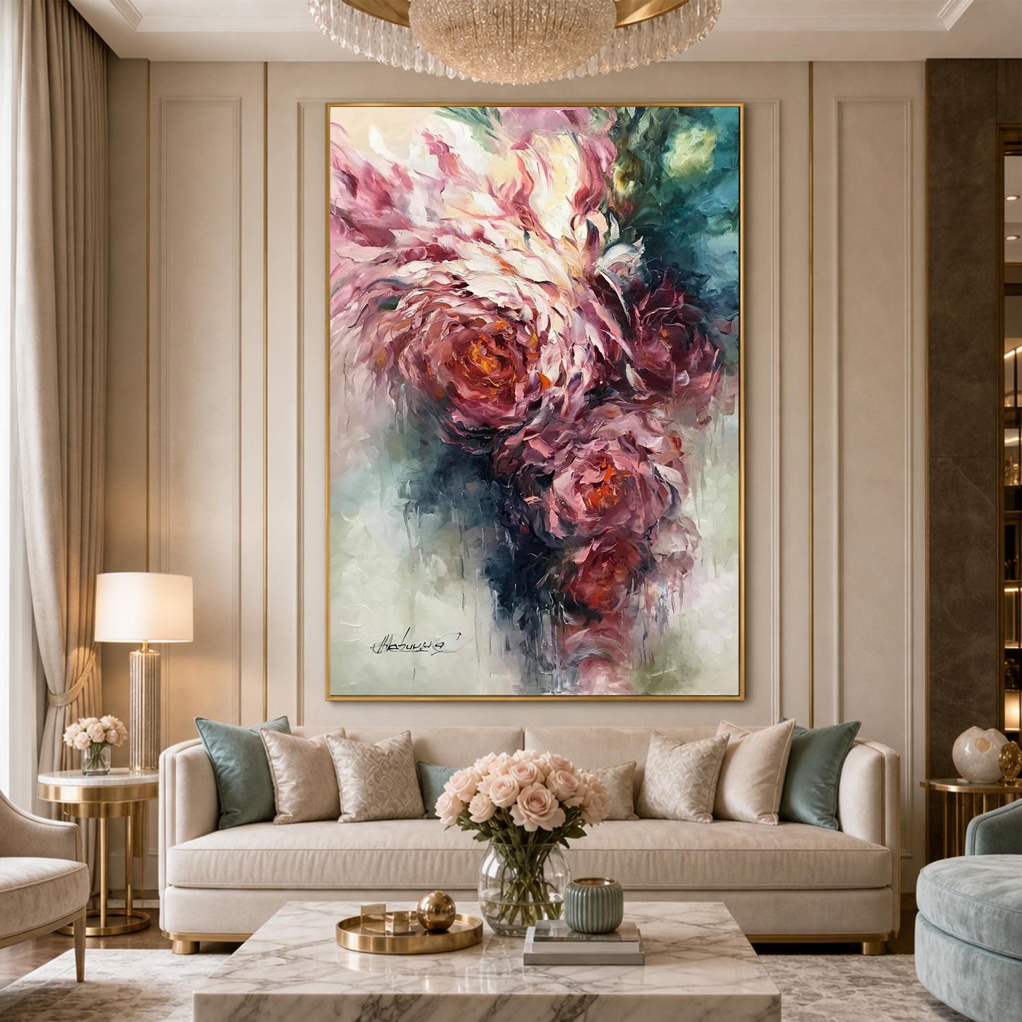 pink-green-floral-painting-large-living-room