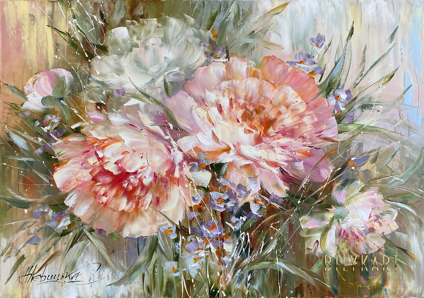 Pink Peonies Painting, Large Oil Paintings of Flowers, Abstract Peony Flowers Oil Painting on Canvas