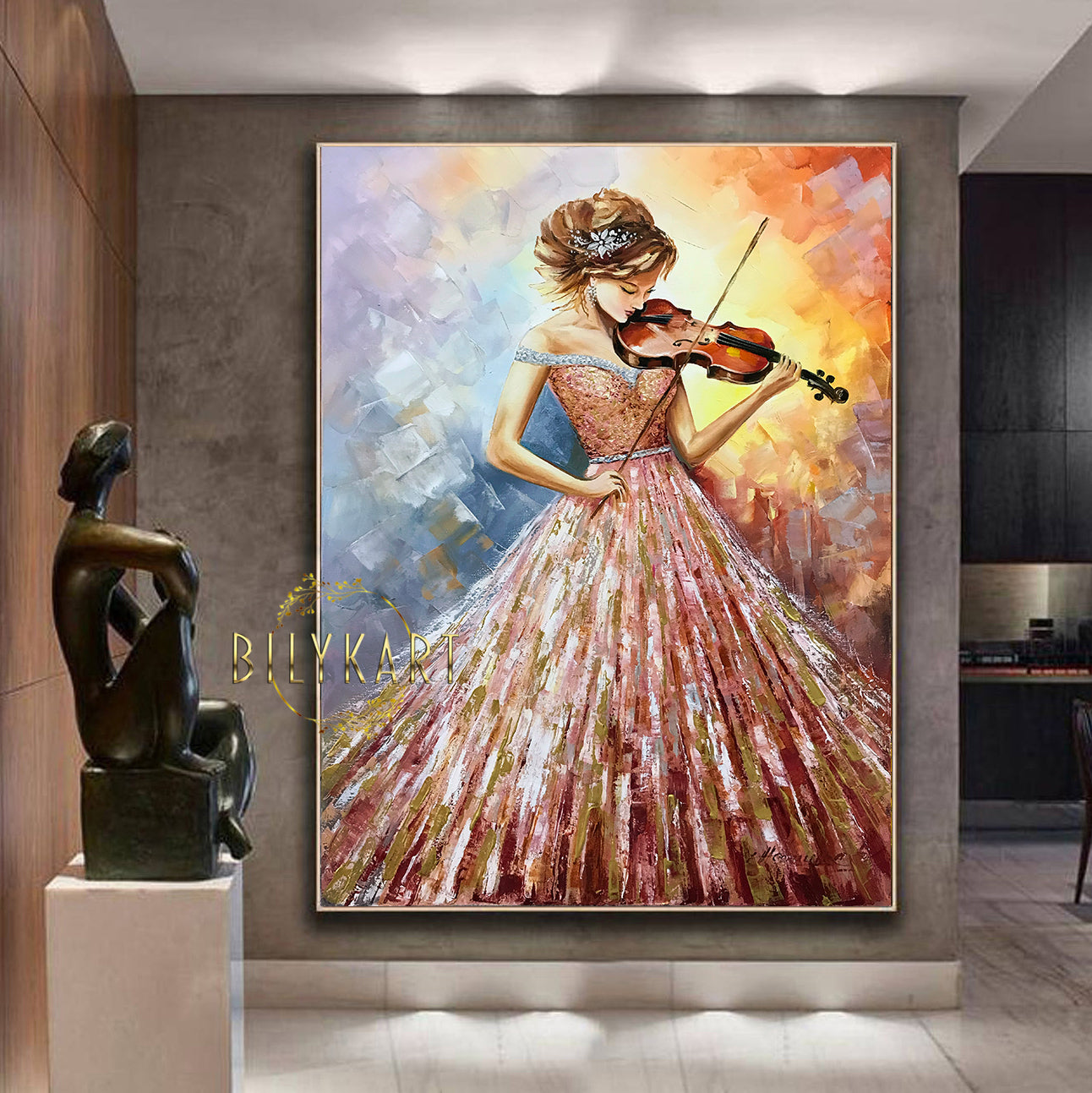 Beautiful Woman Playing Violin Painting on Canvas Violin Home Decor Girl in Pink Dress Oil Painting Original Violinist Art