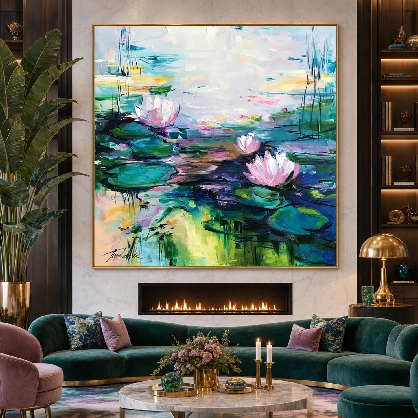 pink lotus flower oil painting, Monet inspired art