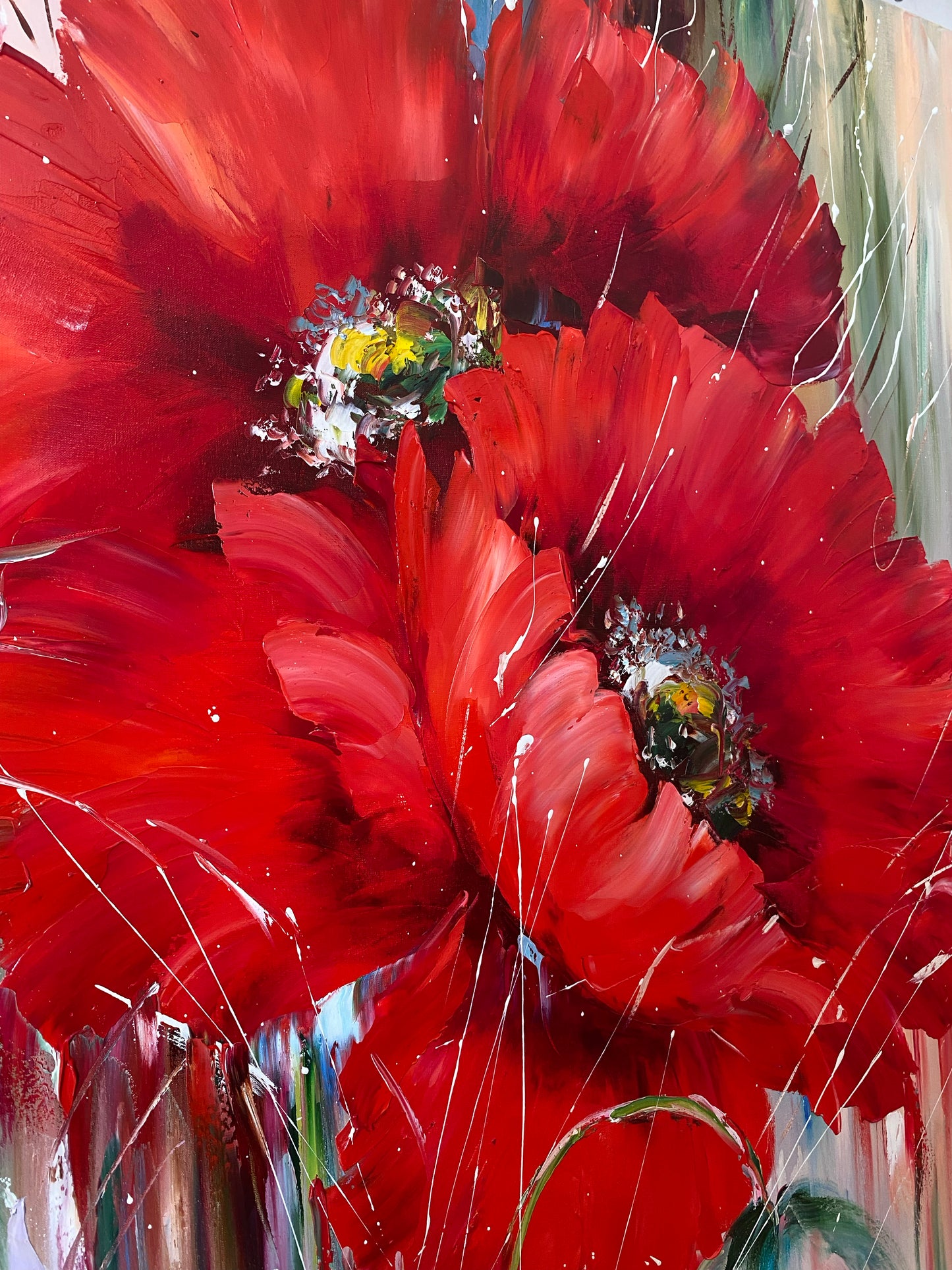 Abstract Red Poppies Painting, Big Flowers Wall Decor, Red Flowers Painting on Canvas, Large Poppy Flower Oil Painting