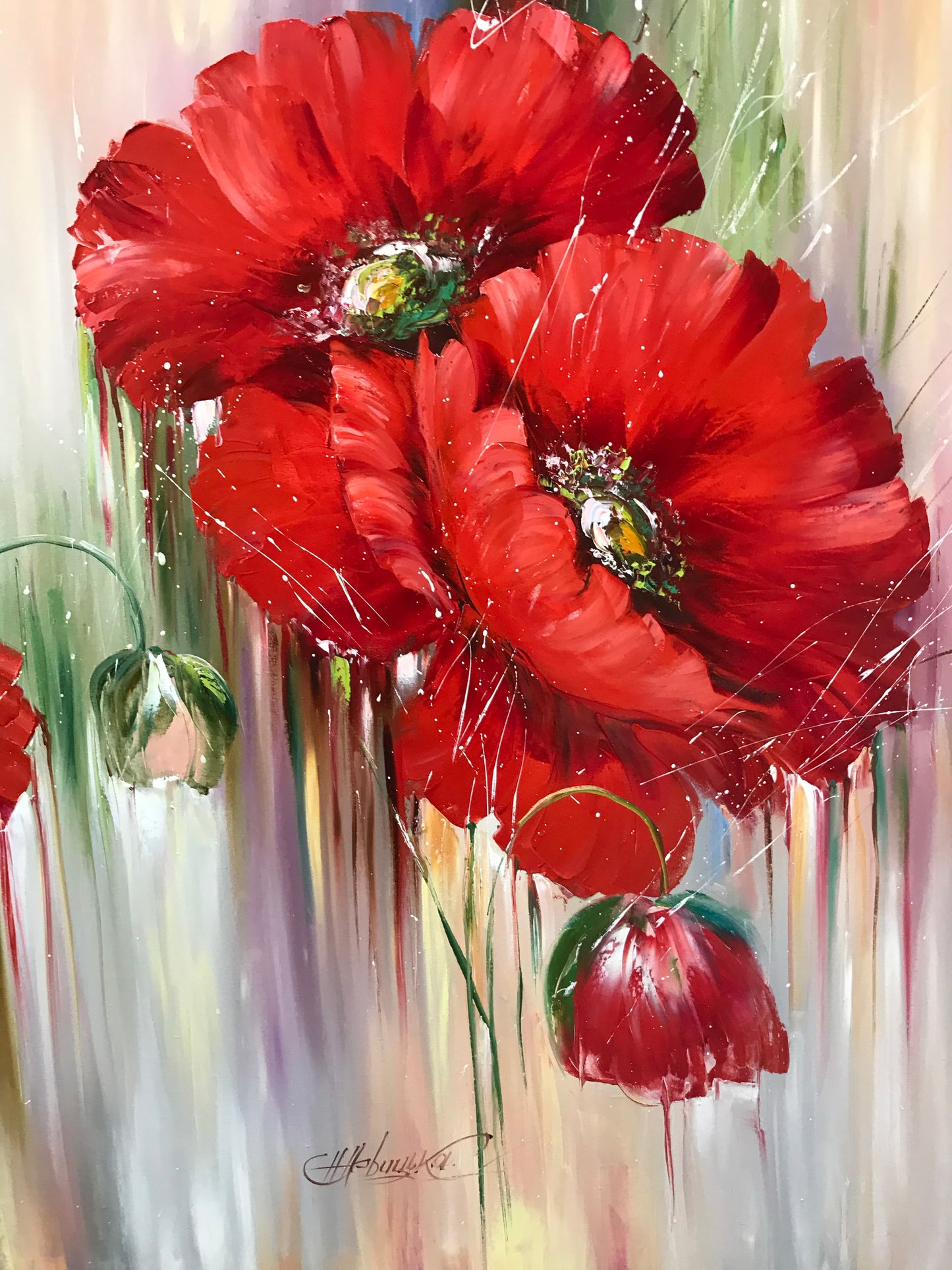 Abstract Red Poppies Painting, Big Flowers Wall Decor, Red Flowers Painting on Canvas, Large Poppy Flower Oil Painting