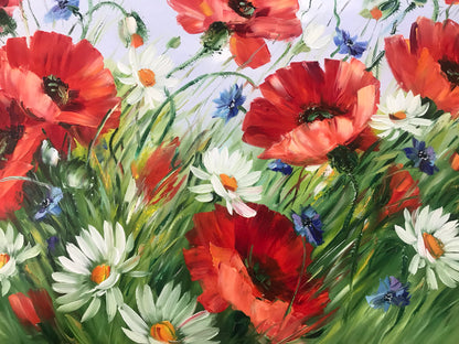 Field of Poppies Painting on Canvas Large Red Poppies Wall Art Original Wildflowers Painting Meadow Poppies and Daisies Oil Painting