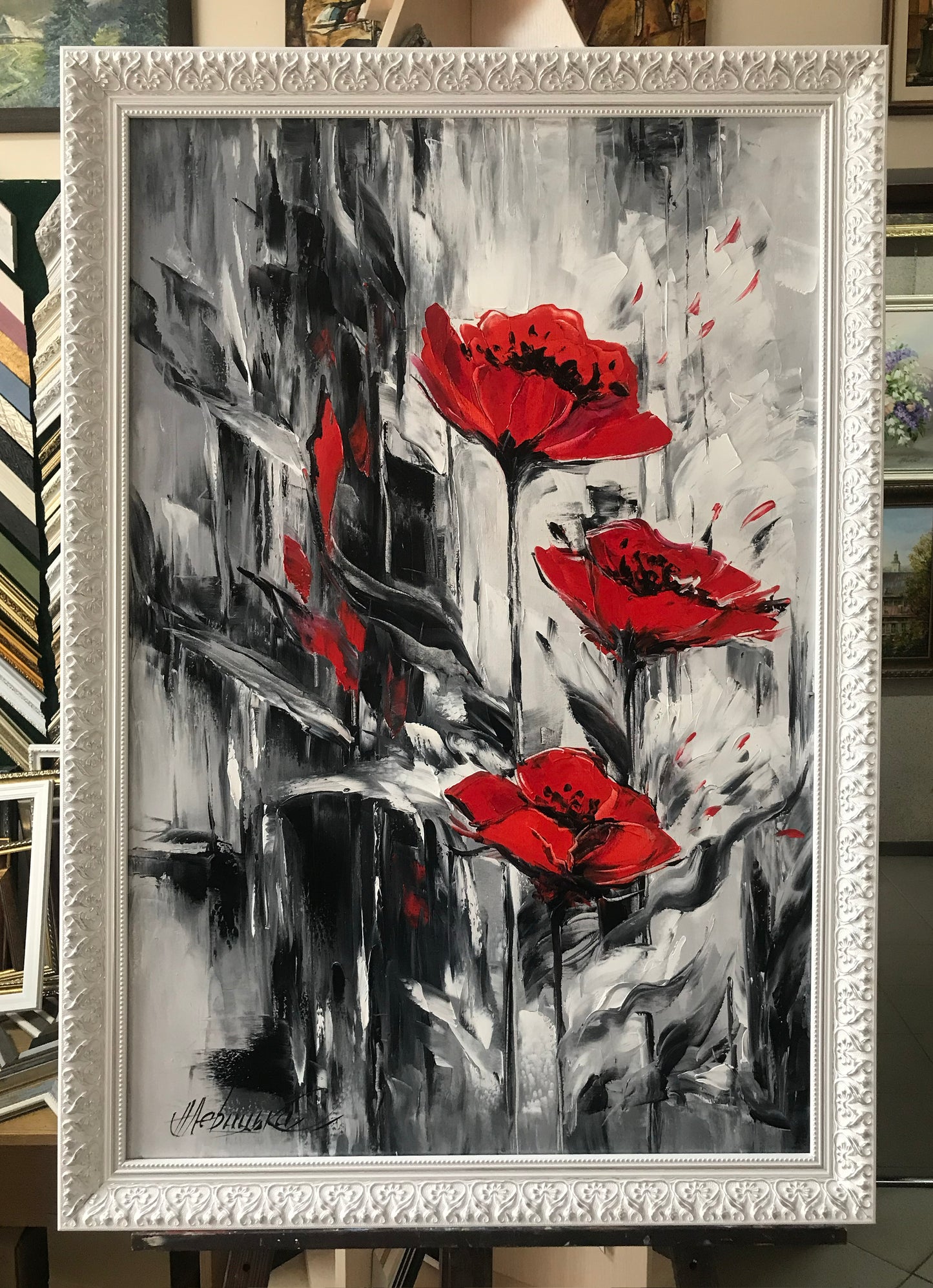 Abstract Red Poppies Painting on Canvas, Poppy Flower Wall Art, Large Abstract Floral Oil Painting