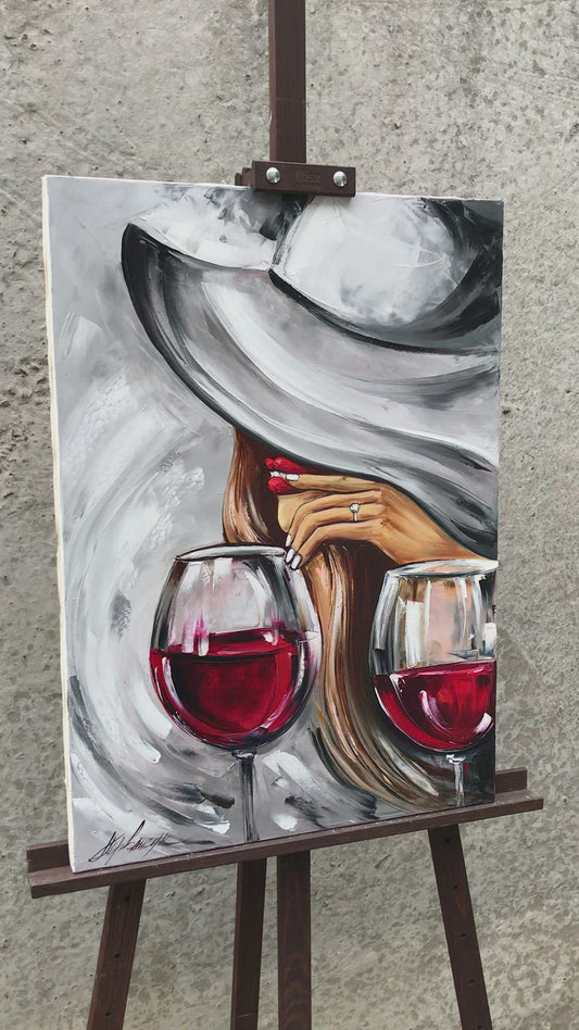 Woman with Red Wine Painting Original Wine Glasses Art Alcohol Painting Wine Bar Wall Decor
