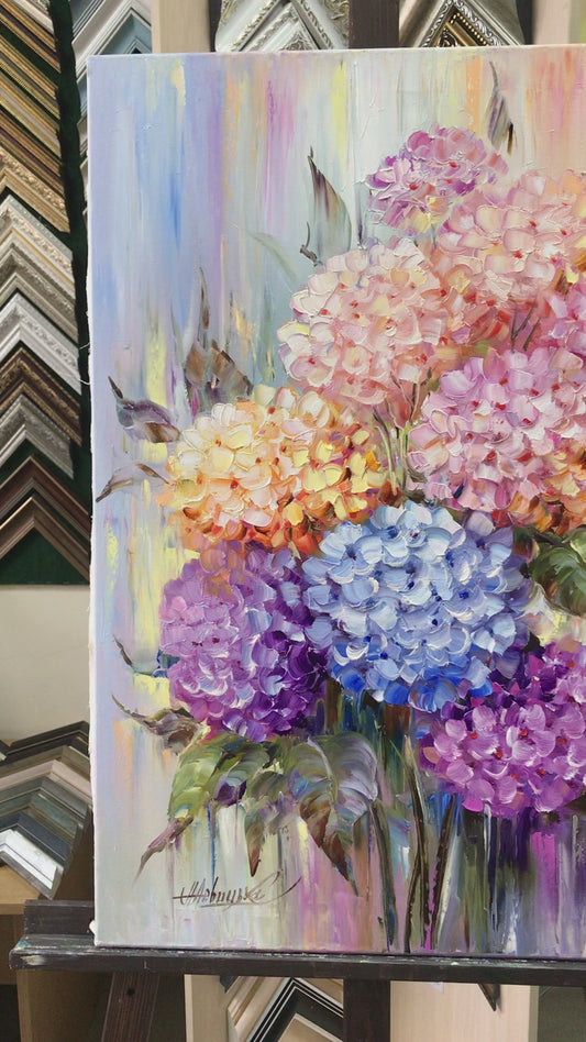 Abstract Hydrangea Painting Original Pink Flowers Oil Painting on Canvas Colorful Flower Art Hydrangeas Oil Painting