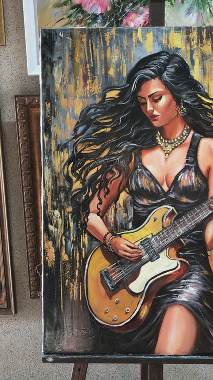 Woman Playing Guitar Painting on Canvas Female Guitarist Art Woman Guitarist Oil Painting Electric Guitar Artwork