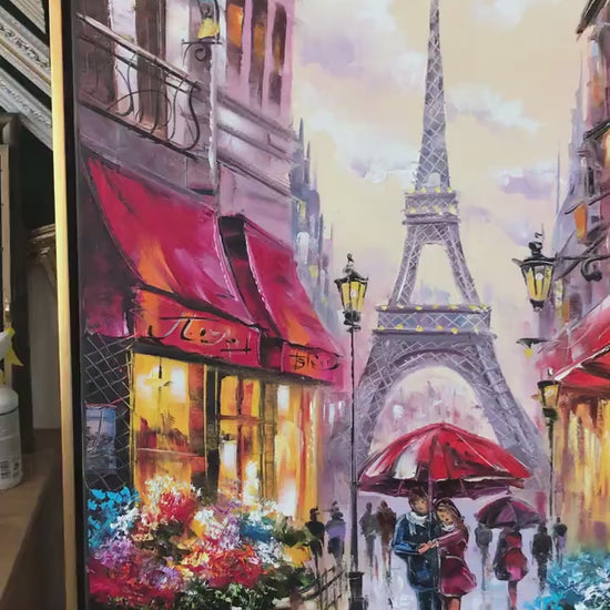 Couple walking in Paris canvas art framed in gold, ready to hang
