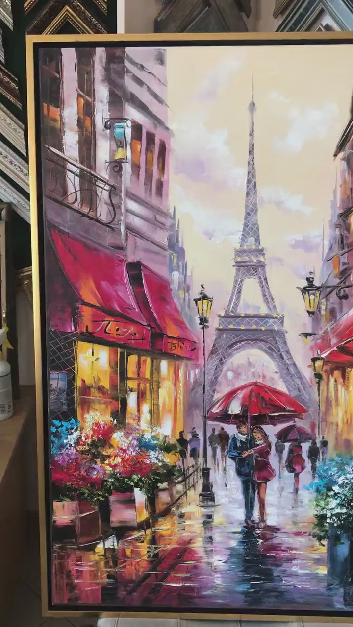 Couple walking in Paris canvas art framed in gold, ready to hang