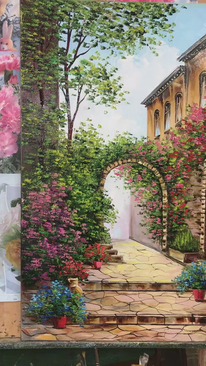 Italian Street Oil Painting | Original Mediterranean Villa Wall Art | Tuscany Italy Painting on Canvas | Large Italian Garden Artwork