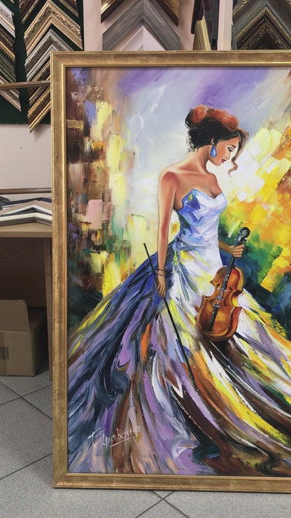 Elegant Lady in Dress Painting, Abstract Art Violin Artwork, Large Green Violinist Painting 40x60