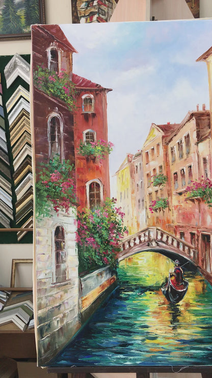 Large Venice Oil Painting Original Italy Canvas Art Gondola Boat Painting Europe Italy Wall Art Framed Venice Grand Canal Oil Painting
