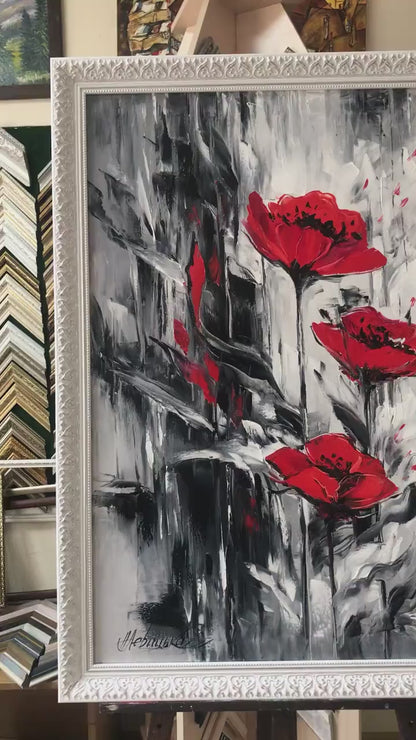 Large Red Poppy Flower Wall Painting, Abstract Red Flowers Canvas Art, Oversize Textured Floral Wall Art, Gustav Klimt Poppies Artwork
