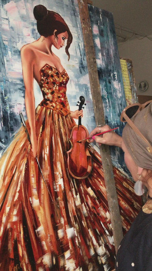 Violin Woman Oil Painting | Abstract Blue Gold Music Canvas Art | Best Christmas Gifts for Wife, Musicians