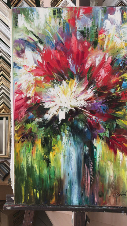 Abstract Flowers Oil Painting on Canvas Contemporary Flower Still Life Painting Original Bright Floral Artwork