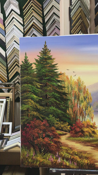 Autumn Forest Oil Painting Original Fall Mountain Landscape Painting Handmade Autumn Scene Art Fall Wall Decor Mountain with Pine Trees Painting