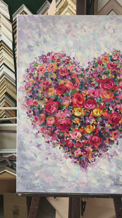 Flower Heart Painting Original Floral Heart Art Romantic Painting Red Flowers Canvas Wall Art Abstract Heart Oil Painting