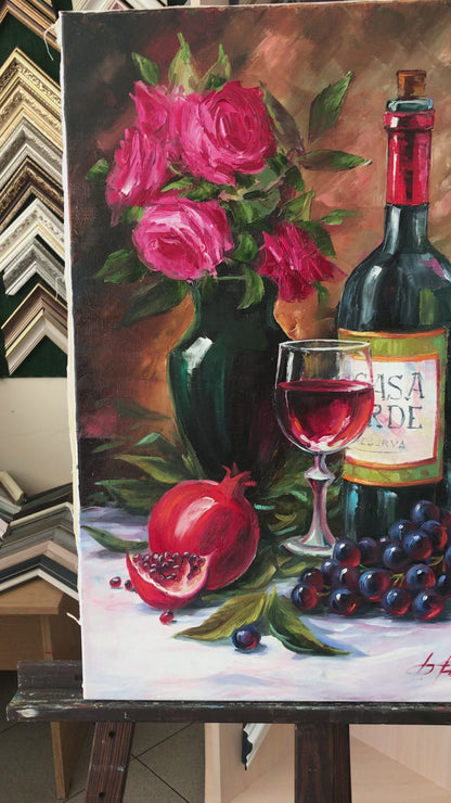 Red Wine Painting on Canvas Wine Bottle Painting Original Grapes and Wine Painting Still Life Fruit Art