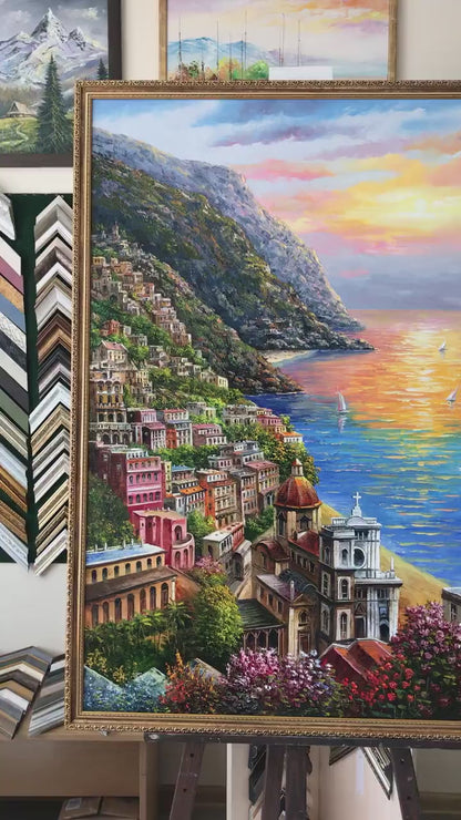 Positano Amalfi Coast Oil Painting Original, Famous Painting Italy Wall Art, Most Beautiful Coastal Italian Towns Painting