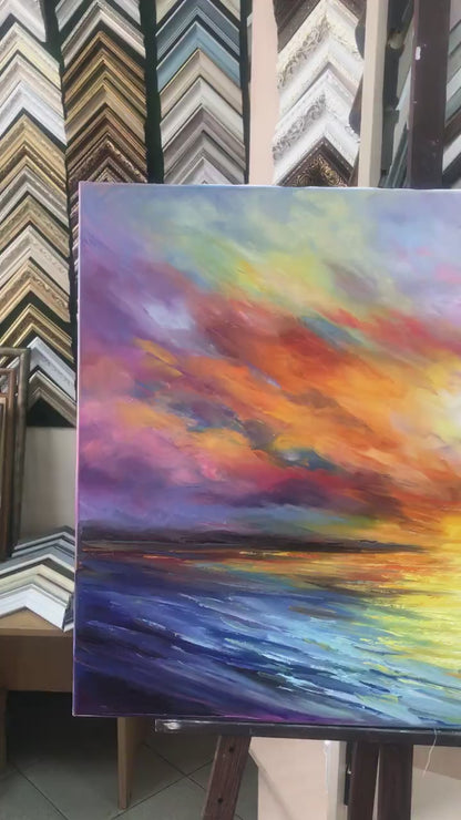 Colorful Seascape Oil Paintings on Canvas Extra Large California Orange Abstract Sunset Canvas Wall Art for Sale