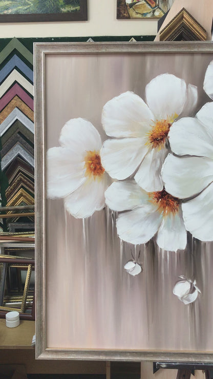 Abstract Flower Oil Painting Large White Flowers Wall Art Modern Floral Artwork Over Bed Art Decor Luxury Flower Painting Above Couch Wall Art