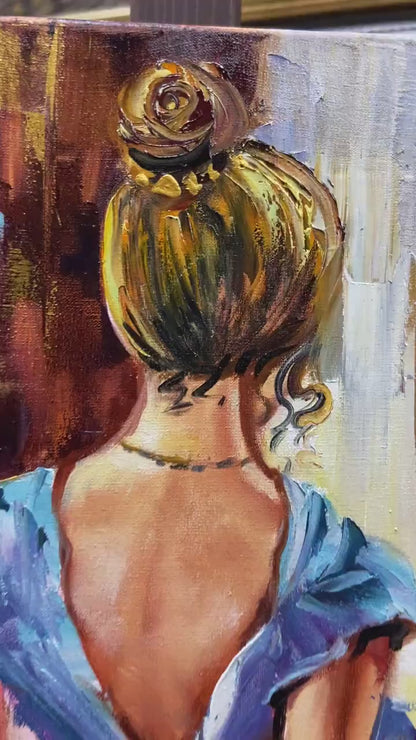 Woman with Violin Oil Painting Original | Ballgown Dress Girl Back View Wall Art, Garden Floral Musical Artwork