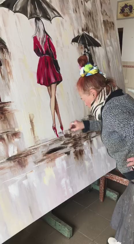 Large Woman Under Umbrella Oil Painting on Canvas, Abstract Rainy City Art, Extra Large Elegant Lady in Red Painting