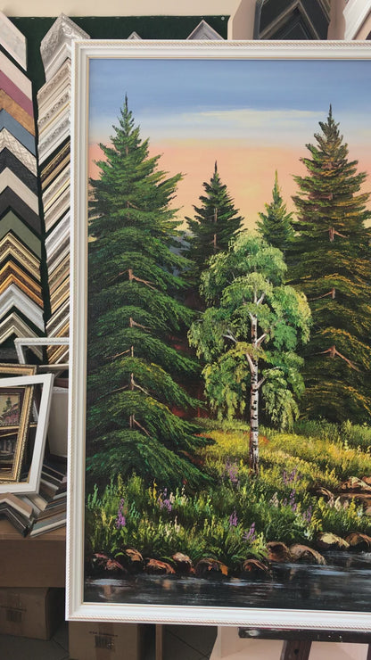 Green Forest Painting Original Trees Wall Art River Oil Painting on Canvas Pine Tree Artwork Nature Art for Bedroom Landscape Painting Oil