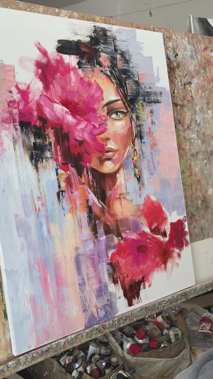 Flower Head Girl Painting Original Woman with Flower Head Wall Art Beautiful Girl with Flowers Painting Abstract Female Face Art