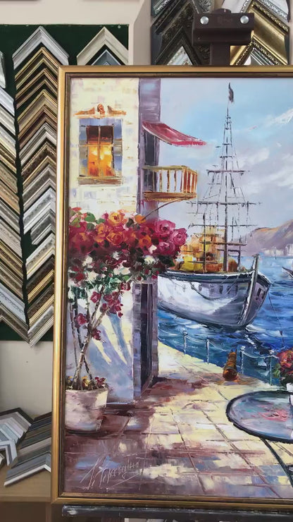Mediterranean Cafe Oil Painting on Canvas, Extra Large Seascape Canvas Wall Art, Greece artwork
