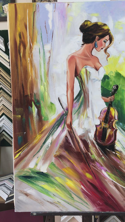 Girl Playing Violin Oil Painting Original, Abstract Female Violinist Art, Musical Artwork