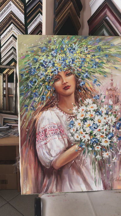 Ukrainian Girl Painting Original Woman with Bouquet Painting on Canvas Ukrainian Girl Art Ukraine Home Decor