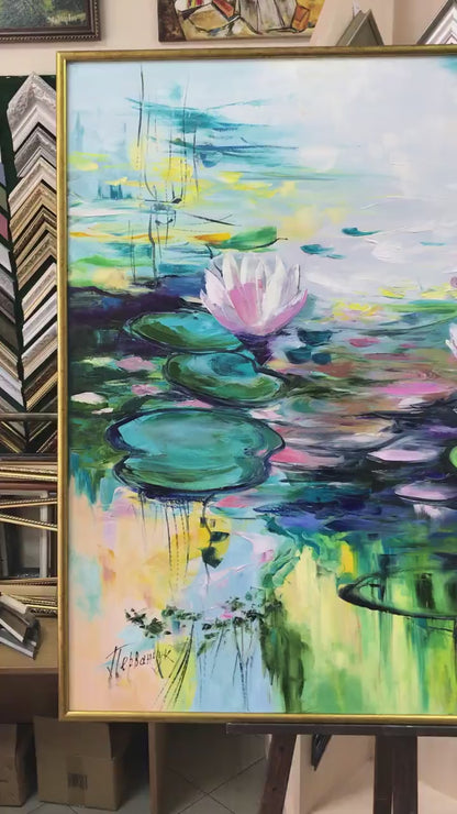 Water Lily Pond Oil Painting, Monet-Inspired Water Lilies Art, Original Hand Painted Pink Lotus Flower Impressionist Canvas Artwork