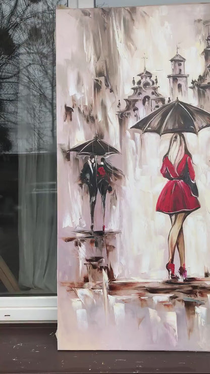 Rainy Street Scene Oil Painting Original, Elegant Lady in Red with Umbrella Artwork, Figures in the Rain Wall Art