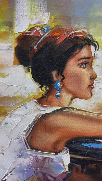 Woman Sitting at Piano Painting | Elegant Pianist Canvas Art Handmade Artwork | Abstract Music Painting Piano Elegant Art