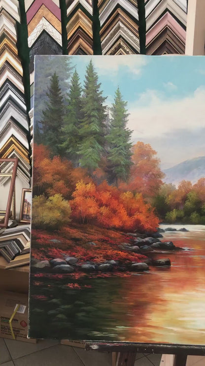Autumnal Landscape Oil Painting, Original Fall River Scenery Wall Art, Hand Painted on Canvas
