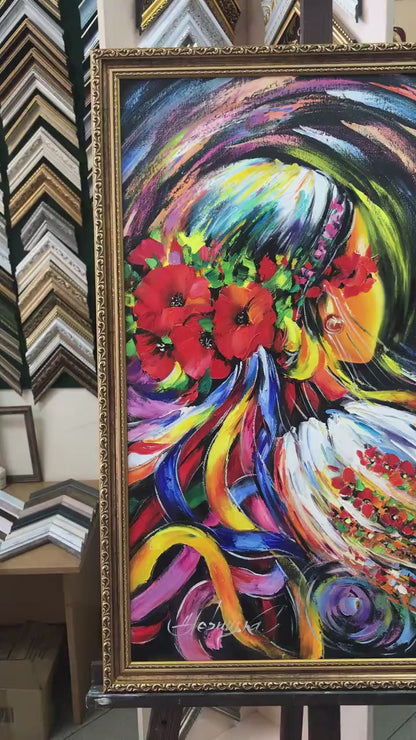 Ukrainian Girl Oil Painting Original, Modern Faceless Woman Art, Contemporary Vibrant Canvas Wall Art by Ukraine Artist