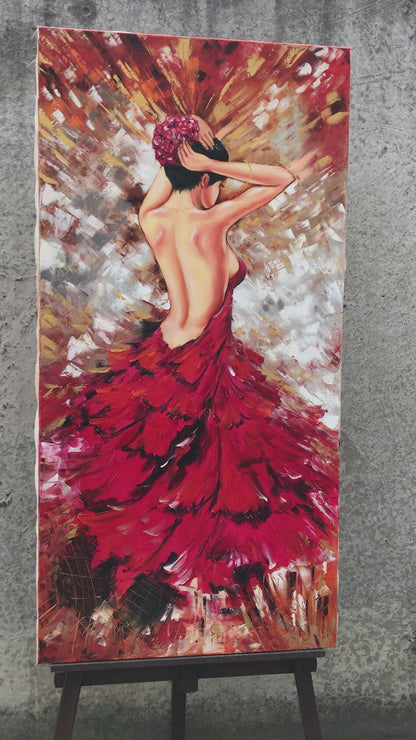 Lady in Red Oil Painting Original Woman Back Painting Abstract Woman in Red Dress Wall Art