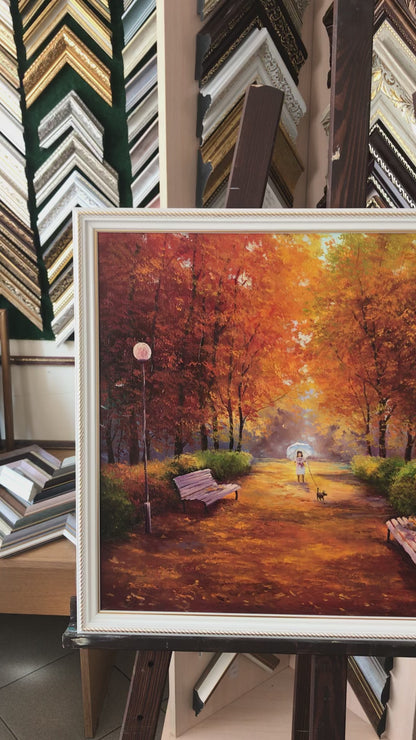Autumn Landscape Painting Original Walk in Fall Park Oil Painting Fall Foliage Wall Art Framed Girl with Dog Painting Autumn Decor