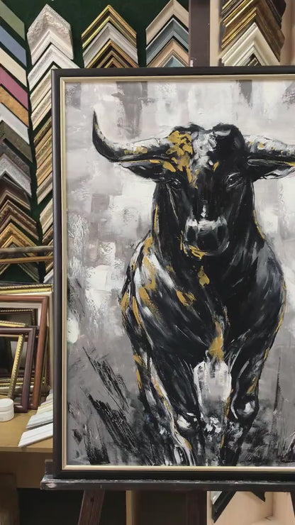 Charging Bull Painting Art Stock Exchange Black and White Oversized Black Wallstreet Bull Artwork