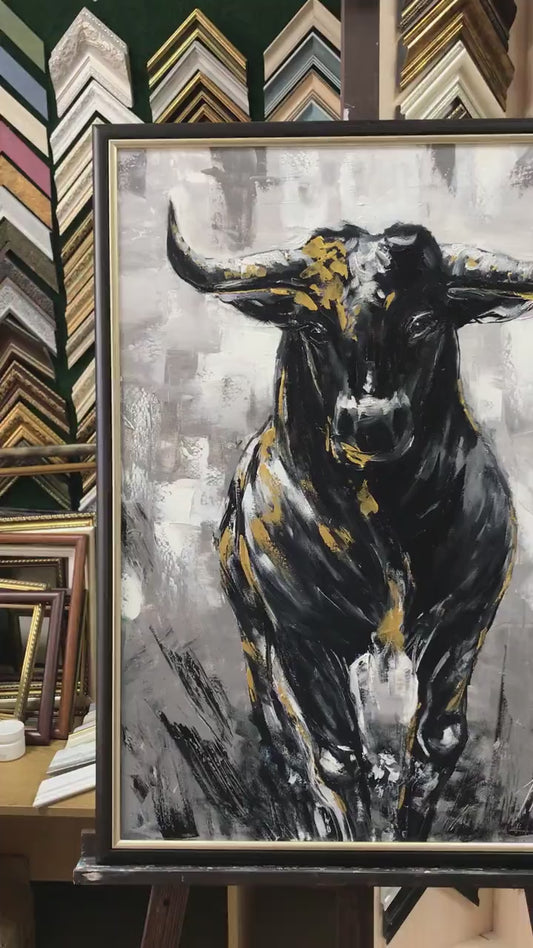 Charging Bull Painting Art Stock Exchange Black and White Oversized Black Wallstreet Bull Artwork