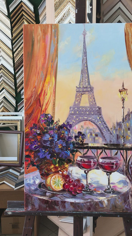 Paris Café Oil Painting Original Eiffel Tower Wall Art Wine Glasses Painting French Cafe Artwork