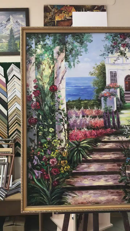 Romantic Garden Oil Painting Original Hand-Painted Artwork of Tuscany Mediterranean Garden Wall Art, Italian Villa Painting