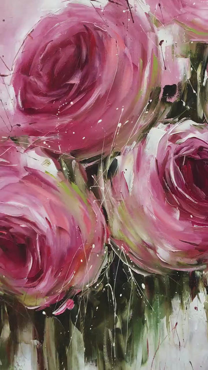 Large Pink Roses Oil Painting Original Hand Painted Rose Flower Canvas Wall Art | Oversized Abstract Romantic Rose Painting 64x48