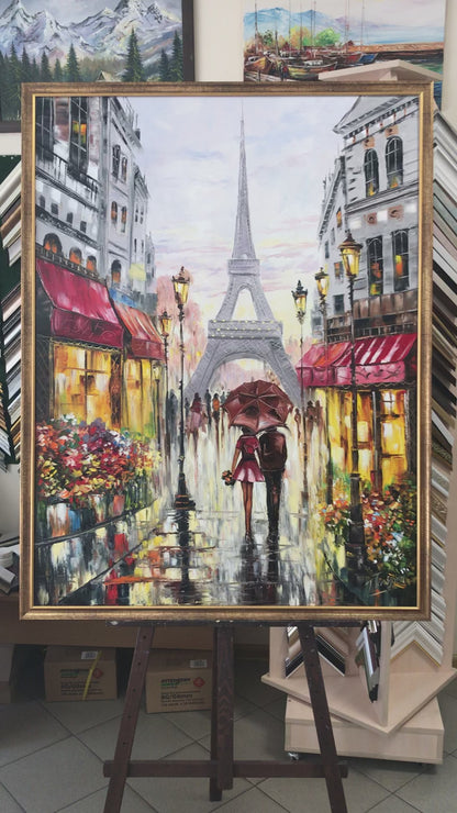 Couple Walking in Paris Oil Painting Original | Rainy Day Paris Street Scene, Red Umbrella Art