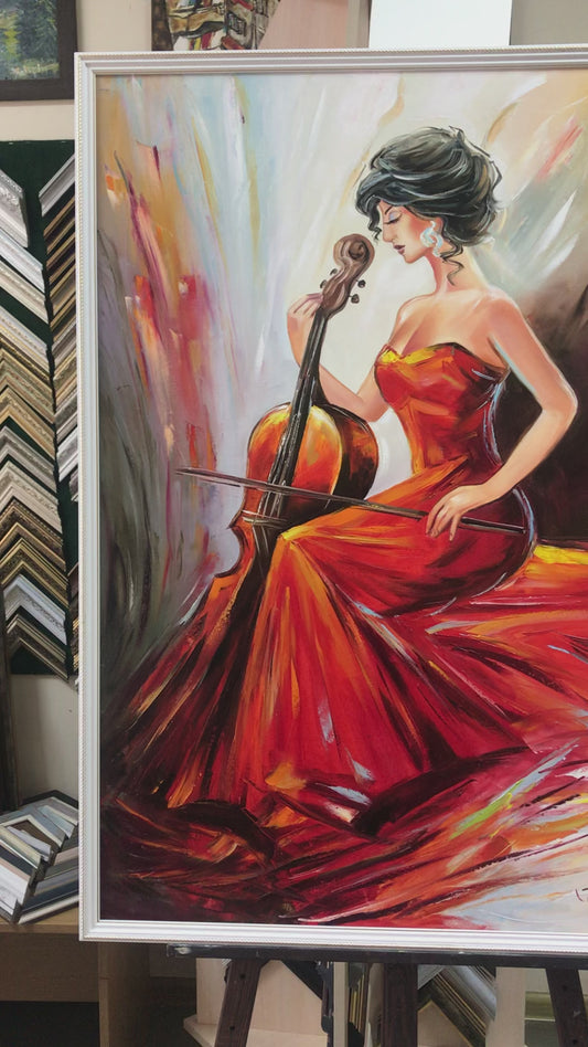 Woman Playing Cello Painting on Canvas Classical Music Player Framed Wall Art Girl with Cello Oil Painting Music Artwork