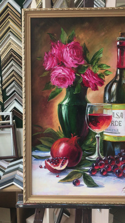 Red Wine Painting on Canvas Wine Bottle Painting Original Grapes and Wine Painting Still Life Fruit Art