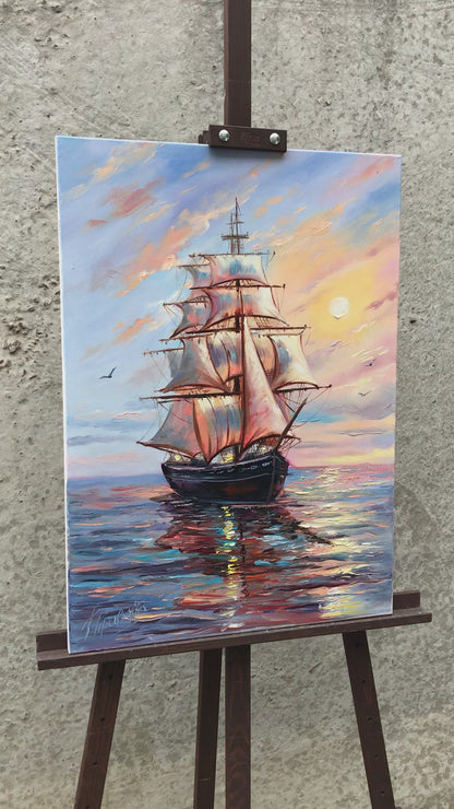 Ship Sunset Painting on Canvas, Smooth Sailing Wall Art, Buy Sailing Ship at Sea Oil Painting Original