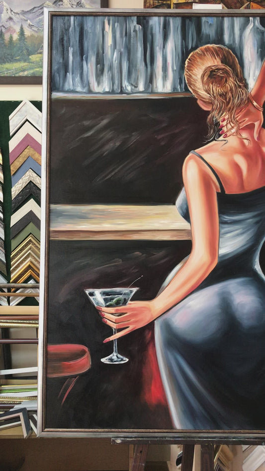 Luxury Woman in Bar Painting on Canvas Cocktail Framed Wall Art Girl With Alcohol Oil Painting 